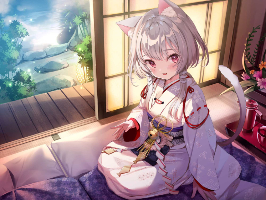 1girl animal_ear_fluff animal_ears bangs bell blush cat_ears cat_girl cat_tail commentary_request copyright_request cushion eyebrows_visible_through_hair full_body highres indoors japanese_clothes kanda_done kimono long_sleeves looking_at_viewer obi open_door open_mouth red_eyes sash seiza short_hair_with_long_locks silver_hair sitting sliding_doors smile solo tail tail_raised white_kimono zabuton
