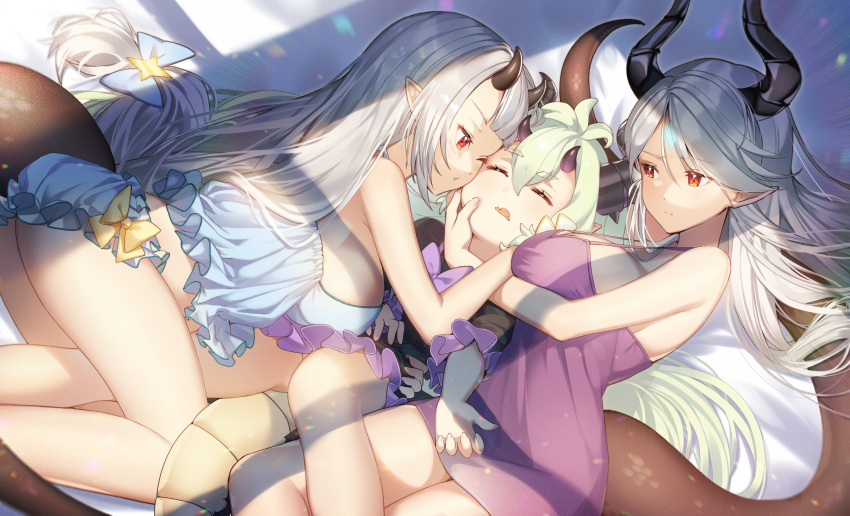 3girls alencia_(epic_seven) babydoll bangs bare_legs bare_shoulders black_dress blush breasts cheek-to-cheek closed_eyes commentary_request dragon_girl dragon_horns dragon_tail dress epic_seven eyebrows_visible_through_hair fang frilled_panties frills green_eyes hair_between_eyes hand_on_another's_cheek hand_on_another's_face highres horns korean_commentary large_breasts long_hair looking_at_another luna_(epic_seven) mixed-language_commentary multiple_girls panties parted_bangs pointy_ears purple_dress red_eyes rhnano skin_fang sleeping sleeveless sleeveless_dress tail thick_eyebrows underwear very_long_hair white_hair white_panties yufine_(epic_seven) yuri