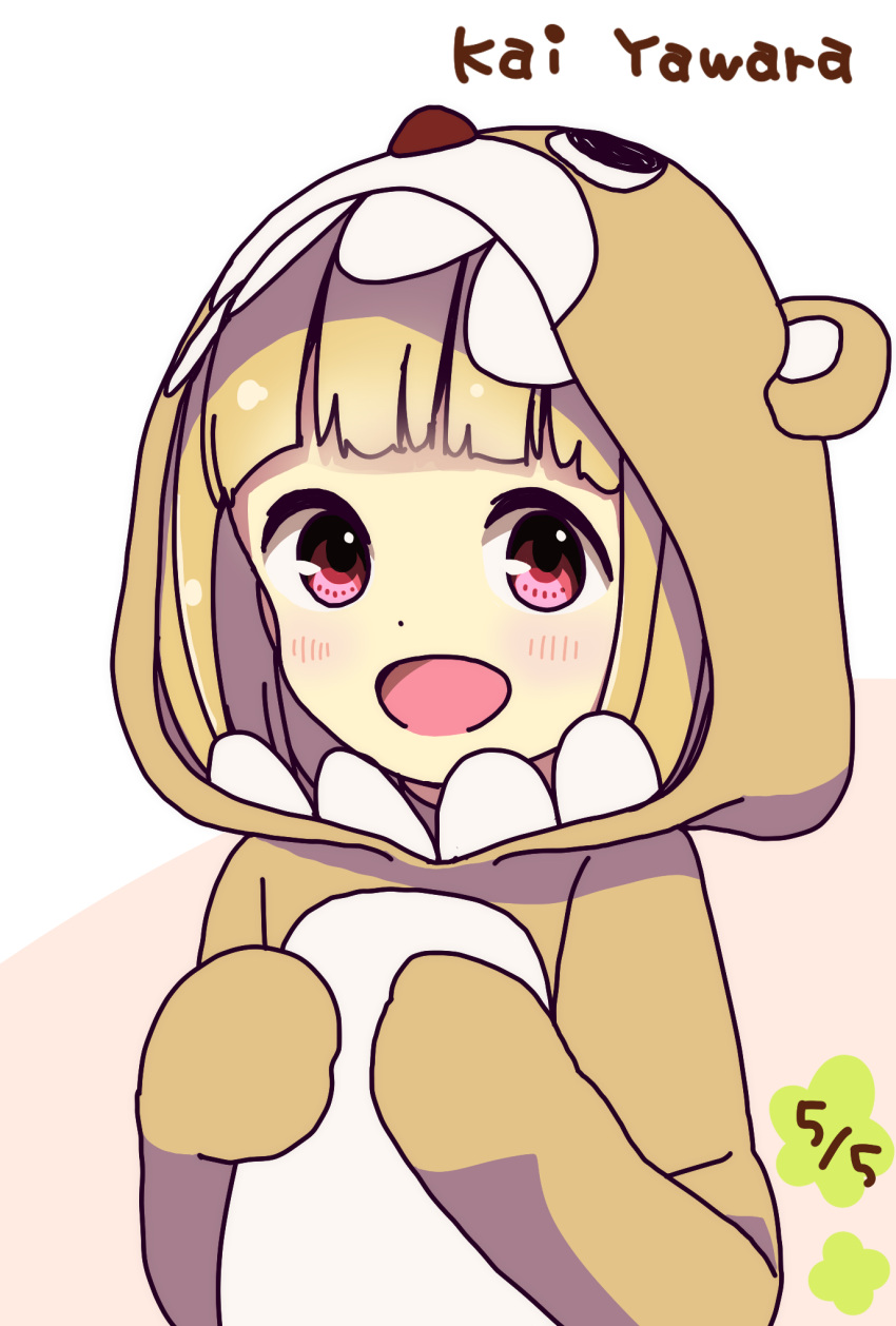1girl :d animal_costume animal_hood bangs bear_costume bear_hood blunt_bangs blush character_name commentary_request dated disconnected_mouth dot_nose hands_up happy highres hitoribocchi_no_marumaru_seikatsu hood hood_up katsuwo_(cr66g) light_brown_hair looking_at_viewer open_mouth pink_background red_eyes short_hair smile solo two-tone_background white_background yawara_kai