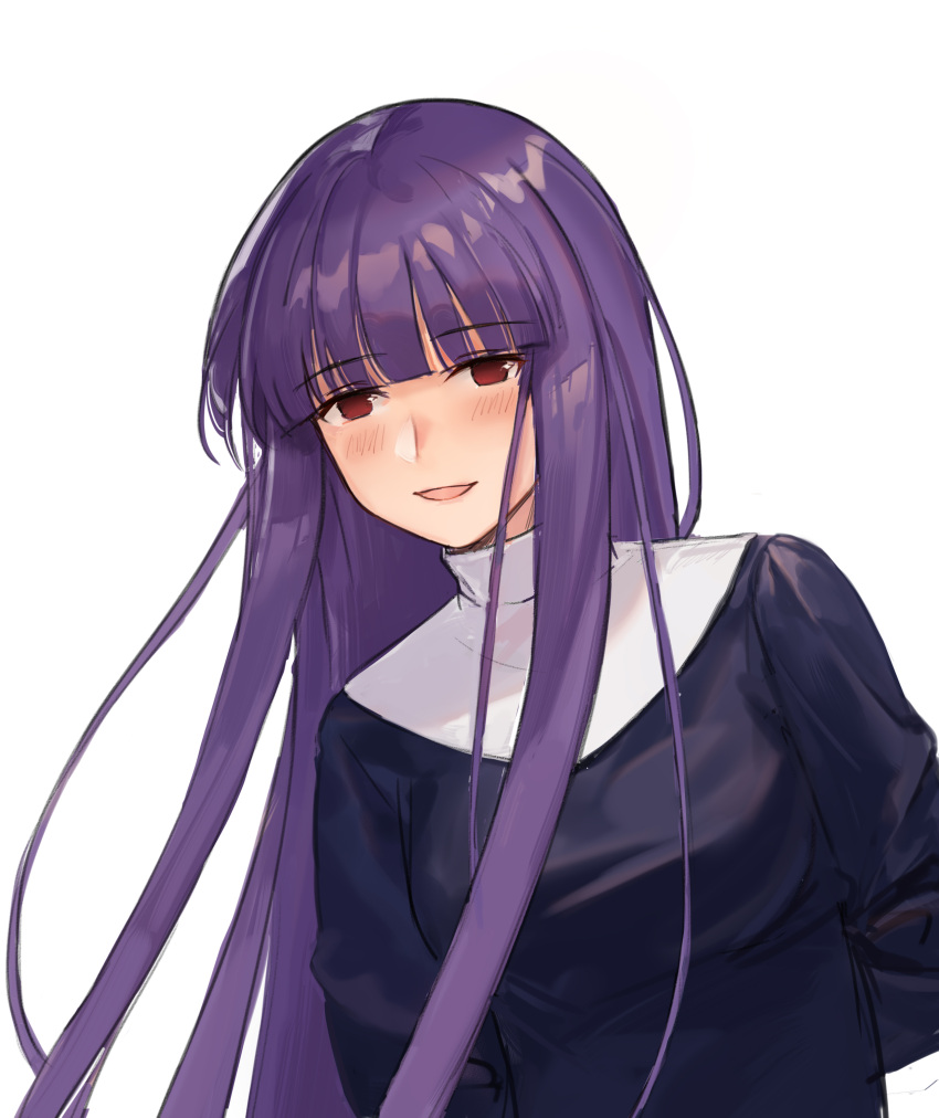 1girl absurdres arms_behind_back asagami_(hnt16303310) asagami_fujino bangs black_dress breasts dress fate/grand_order fate_(series) highres kara_no_kyoukai long_hair looking_at_viewer purple_hair red_eyes simple_background smile solo uniform upper_body white_background