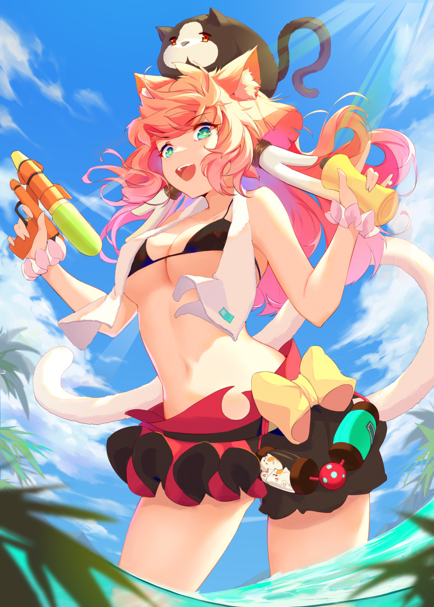 1girl :d absurdres animal_ear_fluff animal_ears bangs bare_arms bare_shoulders bikini bikini_skirt black_bikini blue_sky bow breasts cat cat_ears cat_tail clouds cooked cowboy_shot day genshin_impact green_eyes highres holding holding_water_gun long_hair looking_at_viewer medium_breasts navel open_mouth pink_hair scrunchie sky smile solo standing stomach swimsuit tail thighs towel towel_around_neck water water_gun white_scrunchie wrist_scrunchie yanfei_(genshin_impact) yellow_bow