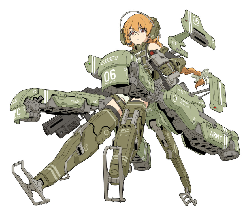 1girl braid commentary_request gun headphones long_hair mecha mecha_musume orange_hair original pants pinakes ribbon shorts shotgun simple_background solo vest weapon white_background white_pants white_ribbon