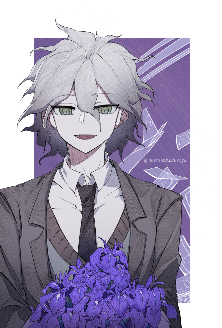 1boy :d bangs blue_background bouquet brown_jacket collared_shirt commentary_request dangan_ronpa_(series) dangan_ronpa_3_(anime) eyebrows_visible_through_hair flower grey_hair hair_between_eyes highres holding jacket komaeda_nagito long_sleeves looking_at_viewer male_focus messy_hair necktie open_mouth shirt short_hair smile solo upper_body white_background white_shirt ziling