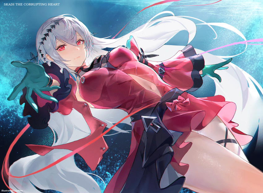 1girl aqua_gloves arknights bangs bare_shoulders black_ribbon breasts character_name chinese_commentary closed_mouth clothing_cutout commentary_request cowboy_shot detached_sleeves dress gloves hand_up headgear kuhnowushi leg_ribbon long_hair long_sleeves looking_at_viewer medium_breasts navel navel_cutout no_hat no_headwear reaching_out red_dress red_eyes ribbon silver_hair skadi_(arknights) skadi_the_corrupting_heart_(arknights) smile solo thighs underwater very_long_hair wide_sleeves
