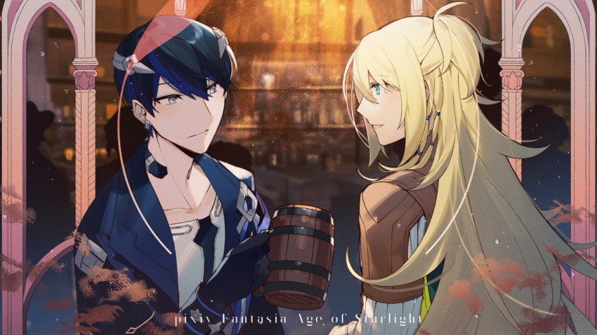 2boys beer_mug black_gloves blonde_hair blue_eyes blurry blurry_background copyright_name cup earrings eye_contact gloves grey_eyes indoors jewelry lazaro_(pixiv_fantasia_age_of_starlight) long_hair looking_at_another mug multiple_boys peili_(pixiv_fantasia_age_of_starlight) people pixiv_fantasia pixiv_fantasia_age_of_starlight rezia short_hair silhouette smile upper_body