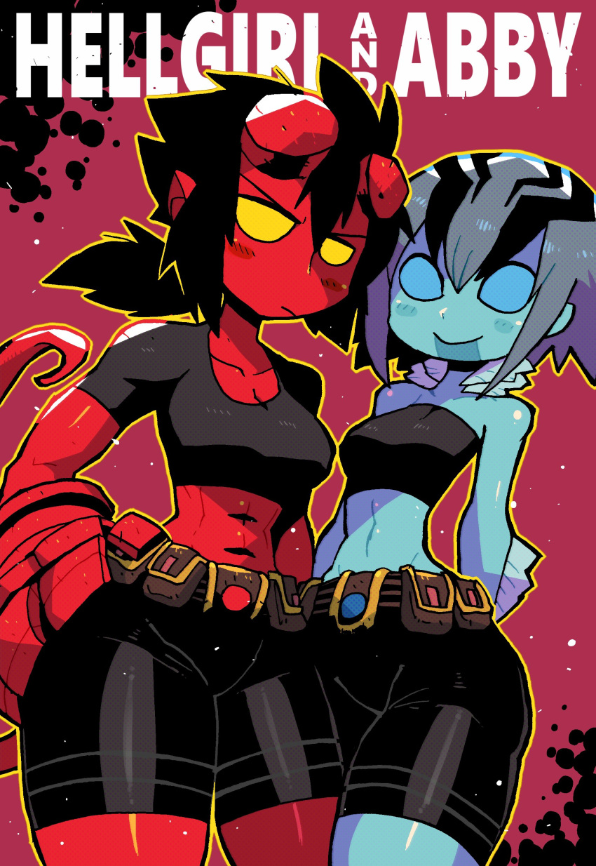 2girls abraham_sapien absurdres belt belt_pouch bike_shorts black_hair blue_eyes blue_skin blush_stickers character_name closed_mouth colored_skin fins genderswap genderswap_(mtf) hellboy hellboy_(comic) highres horns looking_at_viewer medium_hair midriff monster_girl multiple_girls ponytail pouch rariatto_(ganguri) red_background red_skin smile standing tail toned yellow_eyes