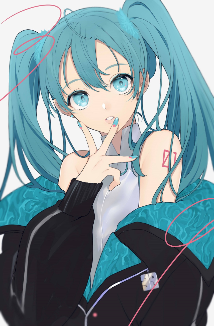 1girl black_jacket blue_eyes blue_hair blue_nails earrings fingernails hatsune_miku head_tilt highres jacket jewelry long_hair looking_at_viewer nail_art nail_polish shoulder_tattoo simple_background sogawa solo stud_earrings tattoo twintails vocaloid white_background
