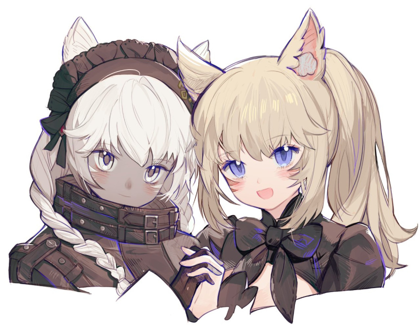 2girls :d animal_ears bad_id bad_twitter_id belt black_bow black_neckwear blonde_hair blush bow bowtie closed_mouth cropped_torso dark_skin dark-skinned_female final_fantasy final_fantasy_xiv hairband interlocked_fingers long_hair looking_at_viewer miqo'te multiple_girls open_mouth ponytail rosette_(yankaixuan) simple_background smile violet_eyes whisker_markings white_background white_hair