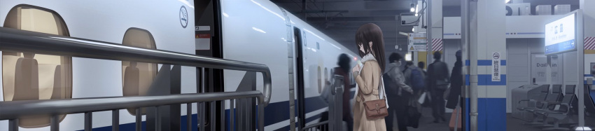bag beige_jacket black_hair brown_eyes chikuwa_(odennabe) closed_mouth ground_vehicle handbag highres indoors jacket long_hair long_image long_sleeves original railing scarf solo_focus standing train train_station white_scarf wide_image