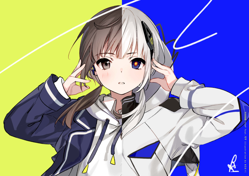 1girl absurdres al_mican bangs black_jacket blue_background blue_eyes brown_eyes brown_hair cevio commentary_request eyebrows_visible_through_hair green_background hands_up heterochromia highres hood hood_down hood_up hoodie jacket kafu_(cevio) long_hair long_sleeves looking_at_viewer low_twintails multicolored_hair open_clothes open_jacket parted_lips solo split_theme twintails two-tone_background two-tone_hair white_hair white_hoodie