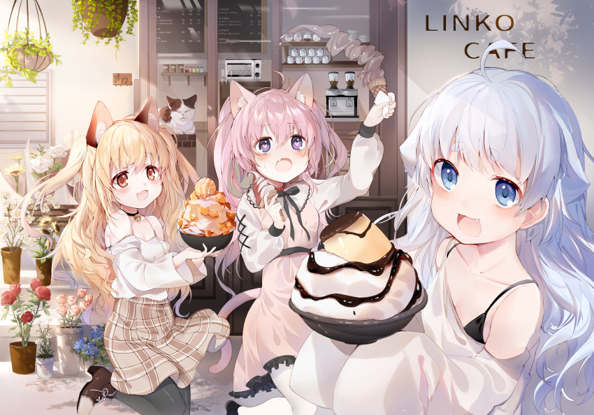 3girls :d :o absurdres ahoge amafuyu animal animal_ear_fluff animal_ears bangs bare_shoulders bell black_bra black_choker black_legwear blonde_hair blue_eyes blue_hair blush bowl bra brown_eyes brown_footwear brown_skirt camisole cat choker commentary_request dress eyebrows_visible_through_hair fang fangs flower food hair_between_eyes heart heart-shaped_pupils highres holding holding_bowl holding_food huge_filesize ice_cream ice_cream_cone long_hair long_sleeves looking_at_viewer multiple_girls neck_bell open_mouth original pantyhose pink_dress pink_hair plaid plaid_skirt plant potted_plant pudding shirt shoes short_eyebrows skirt sleeves_past_fingers sleeves_past_wrists smile standing standing_on_one_leg symbol-shaped_pupils tail thick_eyebrows two_side_up underwear violet_eyes white_legwear white_shirt