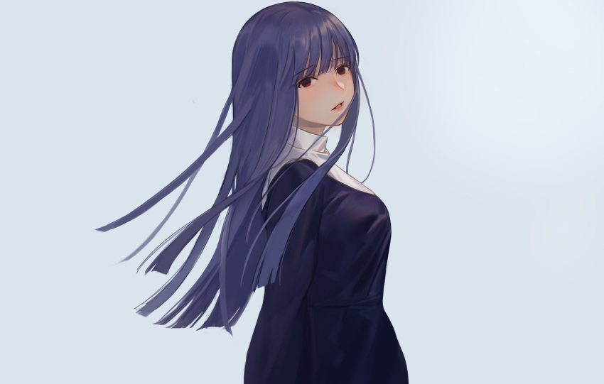 1girl absurdres asagami_(hnt16303310) asagami_fujino bangs black_dress breasts dress fate/grand_order fate_(series) highres kara_no_kyoukai light_blue_background long_hair looking_at_viewer looking_back open_mouth purple_hair school_uniform simple_background solo upper_body violet_eyes