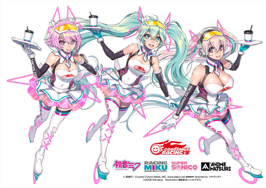 3girls boots breasts character_name character_request cleavage_cutout clothing_cutout coffee_cup commentary_request cosplay covered_navel crossover cup detached_sleeves disposable_cup gloves goodsmile_racing gradient_hair hatsune_miku hatsune_miku_(cosplay) high_heels holding holding_tray large_breasts logo medium_breasts multicolored_hair multiple_girls nitroplus open_hand open_mouth pink_eyes pink_hair racing_miku racing_miku_(2021) short_hair skating super_sonico thigh-highs thigh_boots tray tsuji_santa twintails vocaloid white_background white_gloves