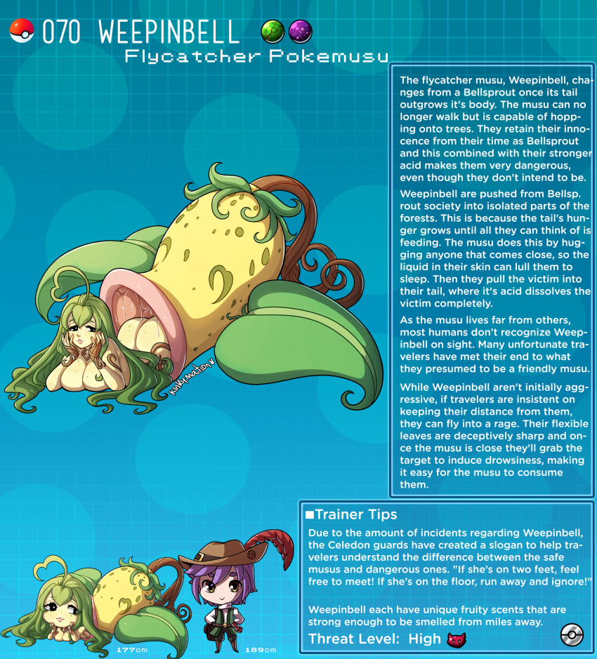 1boy 1girl ahoge artist_name breasts brown_eyes character_name character_profile colored_skin english_commentary english_text freckles gen_1_pokemon green_hair hat heart heart-shaped_pupils highres huge_ahoge kinkymation large_breasts long_hair monster_girl nude personification pitcher_plant plant plant_girl poke_ball pokemon purple_hair red_feathers saliva symbol-shaped_pupils weepinbell yellow_skin