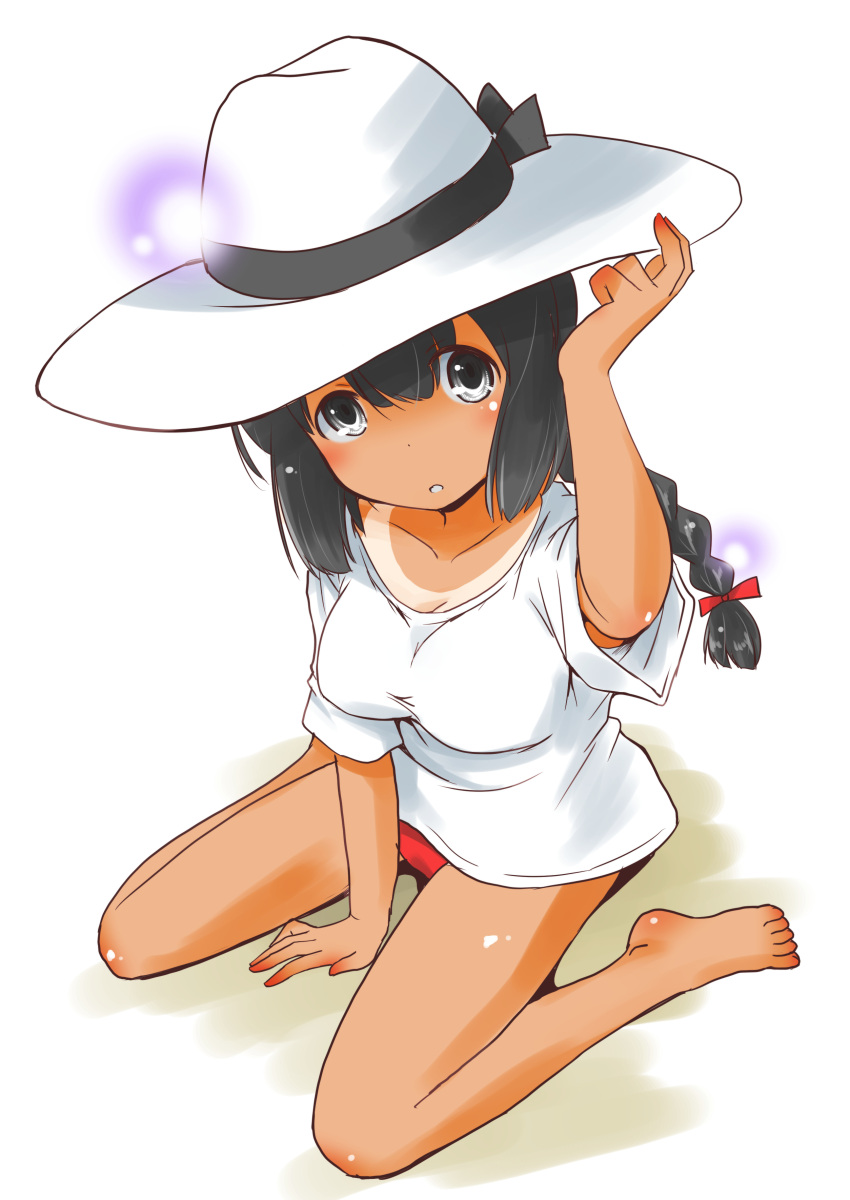 1girl absurdres barefoot black_eyes black_hair braid commentary_request dark_skin dark-skinned_female hair_between_eyes hat highres isonami_(kancolle) kantai_collection long_hair looking_at_viewer one-hour_drawing_challenge shirt sidelocks simple_background sitting solo sun_hat taisinkoku tan tanline twin_braids wariza white_background white_headwear white_shirt