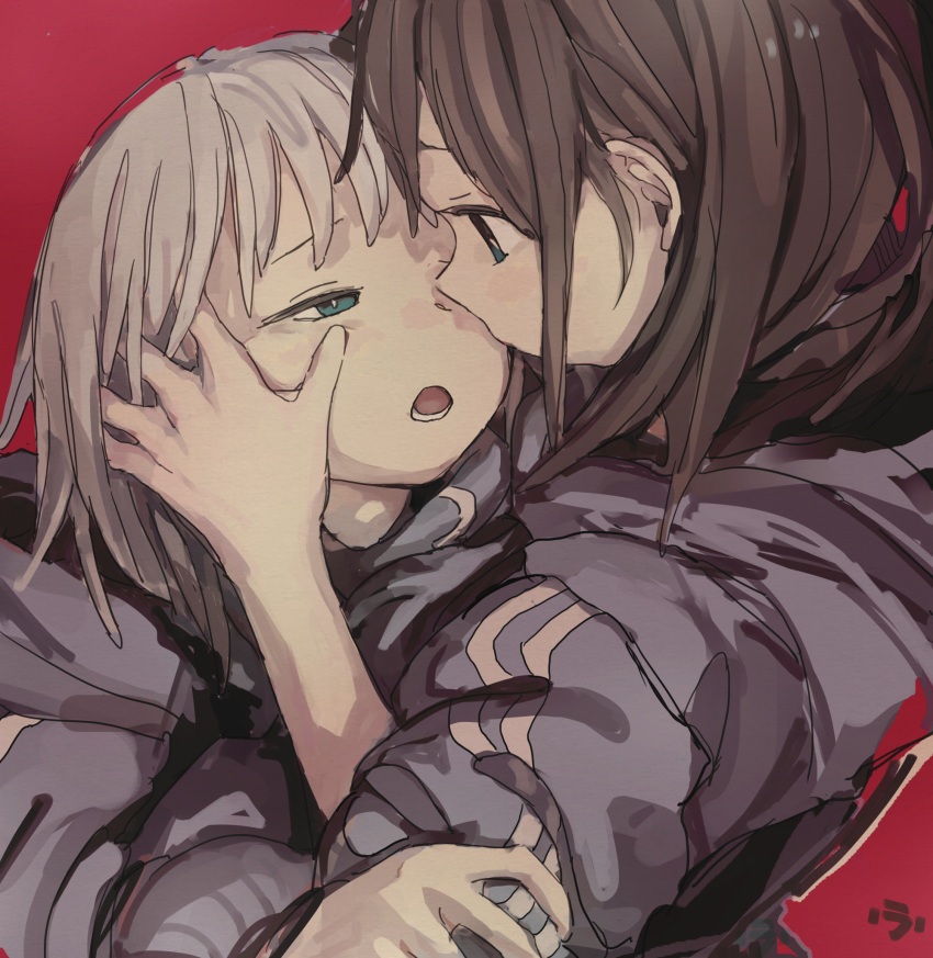2girls brown_hair chair eye_contact face-to-face green_eyes half-closed_eyes hand_on_another's_face highres imminent_kiss jacket looking_at_another medium_hair multiple_girls open_mouth original revision roisa sitting track_jacket white_hair yuri