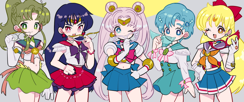 5girls absurdres alternate_costume aqua_eyes bangs bishoujo_senshi_sailor_moon black_hair blonde_hair blue_eyes blue_hair blue_skirt braid bright_pupils character_request cowboy_shot crop_top diadem double_bun earrings elbow_gloves gloves green_eyes green_hair green_skirt highres holding jewelry kodama_(marugoto_omikan) long_hair midriff multiple_girls navel one_eye_closed parted_bangs pink_hair pleated_skirt ponytail red_eyes red_skirt sailor_collar sailor_jupiter sailor_mars sailor_mercury sailor_moon sailor_venus shirt short_hair skirt twintails very_long_hair white_gloves white_pupils white_shirt yellow_eyes