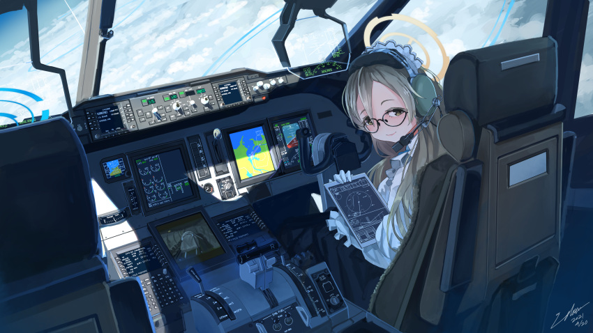 2girls absurdres aircraft airplane airplane_interior akane_(blue_archive) apron asuna_(blue_archive) bangs black_headwear blonde_hair blue_archive brown_eyes clouds cockpit dated dress flying frilled_apron frills glasses gloves halo hat headphones headset highres holding long_hair long_sleeves maid maid_headdress multiple_girls seat shade signature sitting sky utachy vehicle_interior white_apron white_gloves