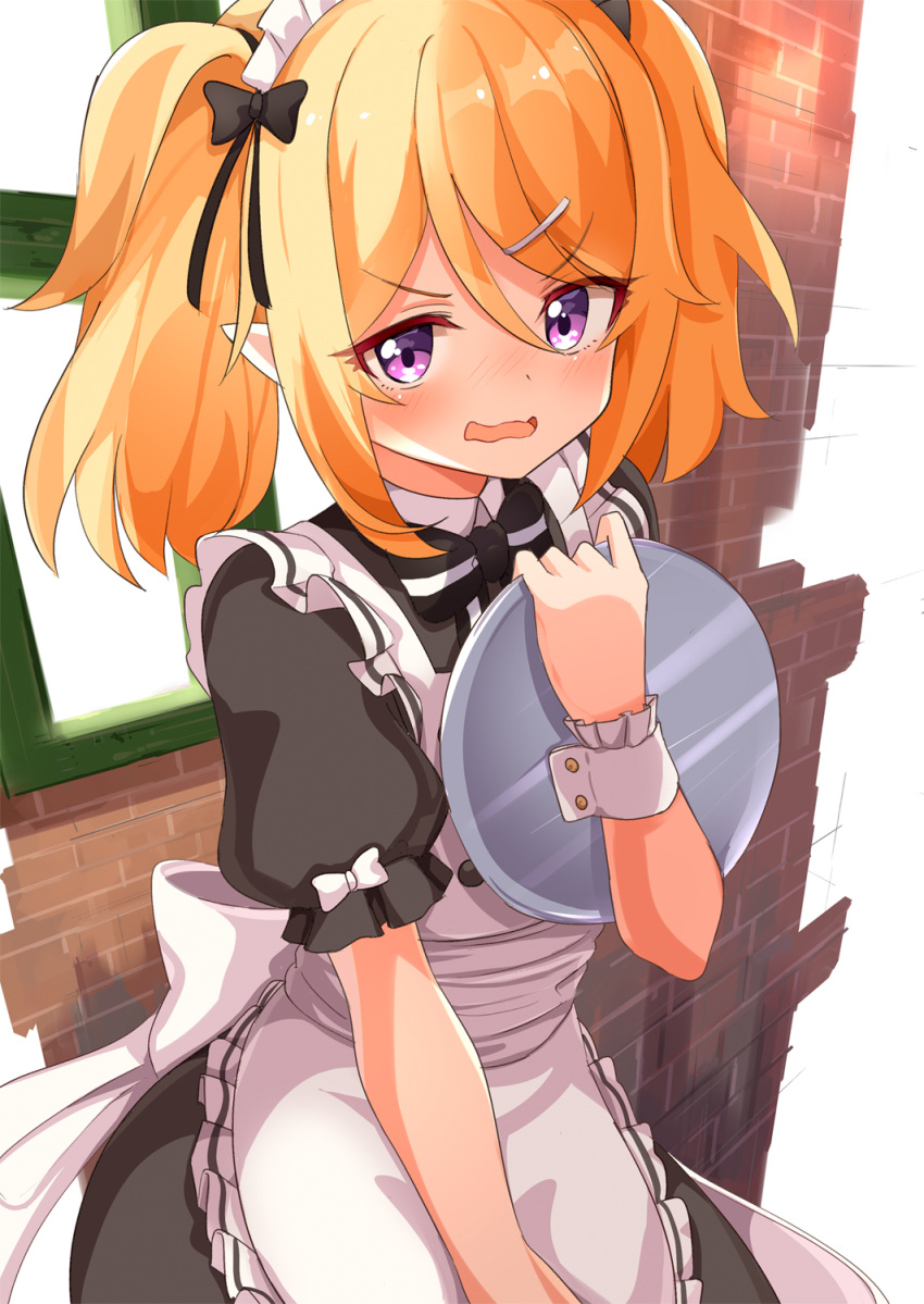 1girl alternate_costume ame. apron bangs black_bow black_dress blonde_hair blush bow brick_wall chloe_(princess_connect!) commentary_request dress enmaided eyebrows_visible_through_hair frilled_apron frills hair_between_eyes hair_bow hair_ornament hairclip hand_up highres holding holding_tray looking_at_viewer maid maid_apron maid_headdress nose_blush open_mouth princess_connect! princess_connect!_re:dive puffy_short_sleeves puffy_sleeves short_sleeves solo tray twintails v-shaped_eyebrows violet_eyes wavy_mouth white_background window wrist_cuffs
