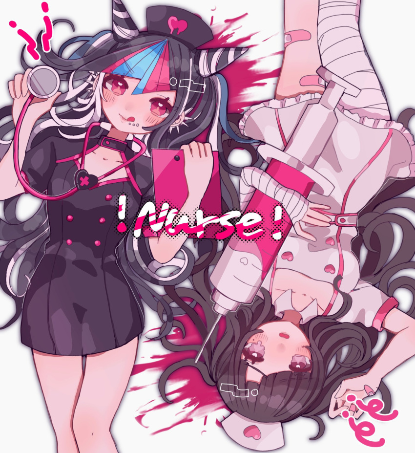 2girls :q alternate_costume ameko53133 bandaged_leg bandages bandaid bandaid_on_leg bangs black_dress black_hair blue_hair blush breasts buttons collarbone dangan_ronpa_(series) dangan_ronpa_2:_goodbye_despair double-breasted dress frilled_dress frills hat highres holding long_hair looking_at_viewer lying medium_breasts mioda_ibuki multicolored_hair multiple_girls nurse nurse_cap on_back open_mouth oversized_object pink_eyes pink_hair short_sleeves smile syringe thigh-highs tongue tongue_out tsumiki_mikan