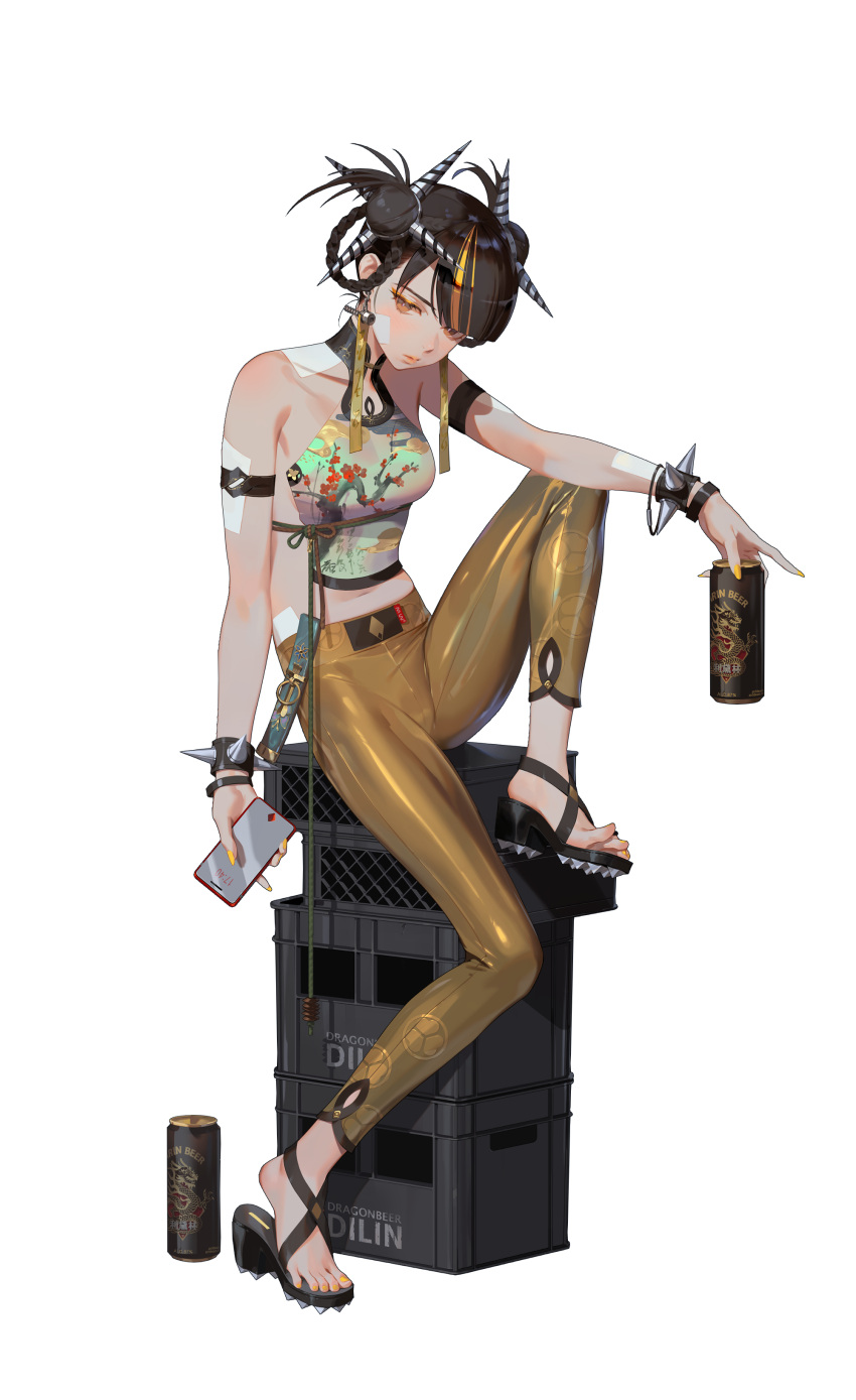 1girl absurdres artist_request bangs beer_can black_hair black_survival blunt_bangs blush bodysuit bracelet can cellphone chinese_clothes double_bun earrings from_side full_body hair_ornament highres jewelry leg_lift li_dailin lips multicolored_hair nail_polish official_art orange_eyes pants parted_lips phone sandals shiny shiny_clothes sitting sitting_on_object sleeveless smartphone solo tape tight tight_pants transparent_background two-tone_hair yellow_nails