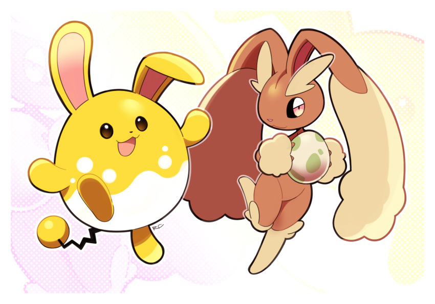 :3 :d alternate_color artsy-rc azumarill border closed_mouth commentary english_commentary gen_2_pokemon gen_4_pokemon highres holding lopunny no_humans open_mouth pokemon pokemon_(creature) pokemon_egg shiny_pokemon smile white_border zoom_layer