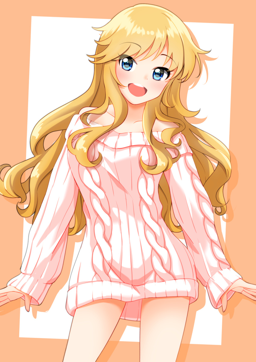 1girl :d bangs bare_shoulders blonde_hair blue_eyes blush breasts collarbone commentary_request cowboy_shot eyebrows_visible_through_hair highres idolmaster idolmaster_cinderella_girls large_breasts long_hair long_sleeves looking_at_viewer medium_breasts off_shoulder ootsuki_yui open_mouth orange_background ribbed_sweater sleeves_past_wrists smile solo standing sweater upper_teeth v3assalut wavy_hair white_background