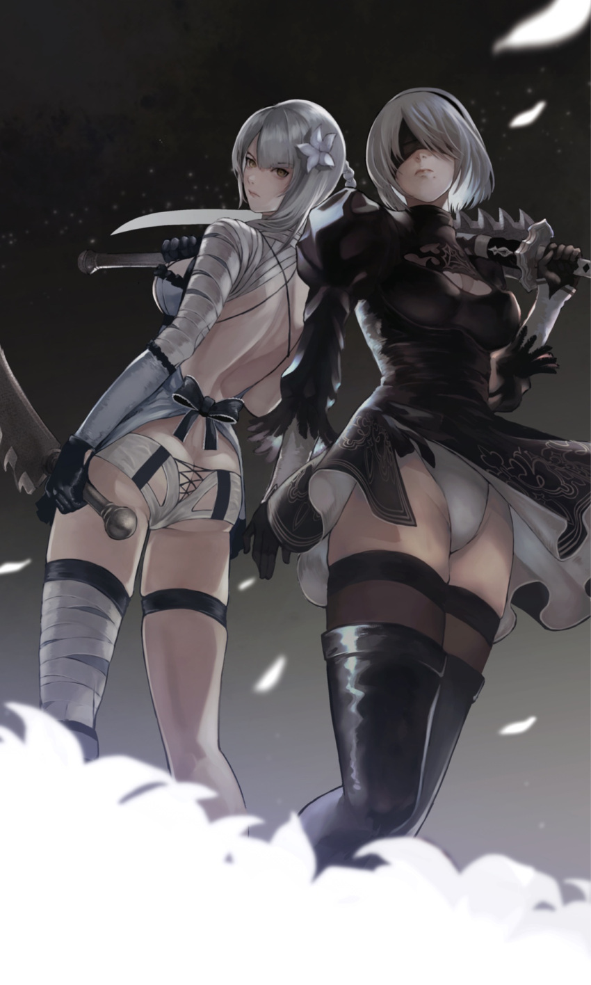 2girls ass bandaged_arm bandaged_leg bandages black_blindfold black_dress black_hairband blindfold boots butt_crack cleavage_cutout clothing_cutout dark_background dress feather-trimmed_sleeves feather_trim flower gauss_&lt;bokashi hair_flower hair_ornament hairband highres jagged_sword juliet_sleeves kaine_(nier) leotard lingerie long_sleeves lunar_tear mole mole_under_mouth multiple_girls nier nier_(series) nier_automata over_shoulder puffy_sleeves sword thigh-highs thighhighs_under_boots underwear vambraces virtuous_contract weapon weapon_over_shoulder white_leotard yorha_no._2_type_b