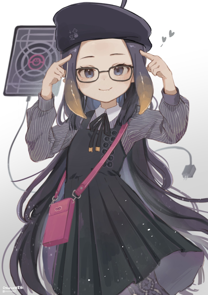 1girl ao-chan_(ninomae_ina'nis) beret black_dress black_headwear blue_eyes collared_shirt dress floating_hair forehead glasses gradient gradient_background hat heart highres hololive hololive_english long_hair mole mole_under_eye ninomae_ina'nis official_alternate_costume pointing pointing_at_self pointy_ears pouch power_cord roza4957 shirt smile solo tablet_pc very_long_hair virtual_youtuber younger