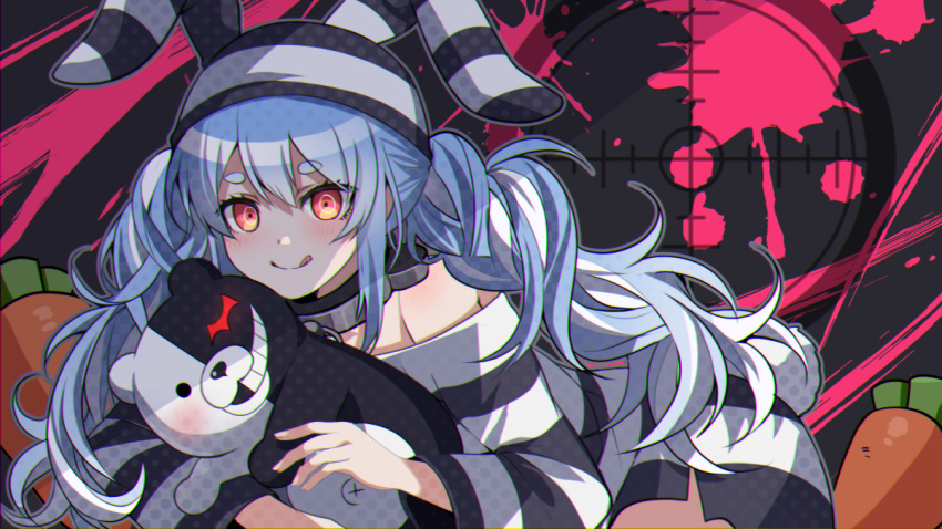 1girl :q bangs blood blue_hair blush carrot_pillow chain chocho_(homelessfox) choker collar collarbone commentary_request dangan_ronpa_(series) hat holding hololive long_hair long_sleeves looking_at_viewer metal_collar monokuma off_shoulder pink_blood prison_clothes red_eyes shirt smile solo striped striped_shirt stuffed_animal stuffed_toy tongue tongue_out usada_pekora