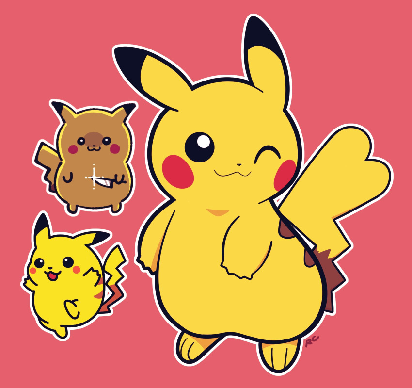 :3 artsy-rc closed_mouth commentary english_commentary gen_1_pokemon glint highres holding holding_knife knife looking_at_viewer no_humans one_eye_closed outline pikachu pink_background pokemon pokemon_(creature) signature simple_background smile white_outline