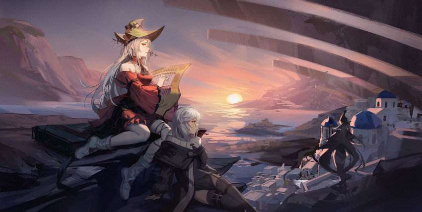 3girls absurdres arknights bare_shoulders black_dress boots commentary_request dress gladiia_(arknights) harp hat highres holding holding_instrument huge_filesize instrument long_hair long_sleeves looking_at_viewer monarch_(ricardoxx) multiple_girls outdoors red_dress red_eyes silver_hair sitting skadi_(arknights) skadi_the_corrupting_heart_(arknights) specter_(arknights) sunset very_long_hair white_footwear wide_sleeves