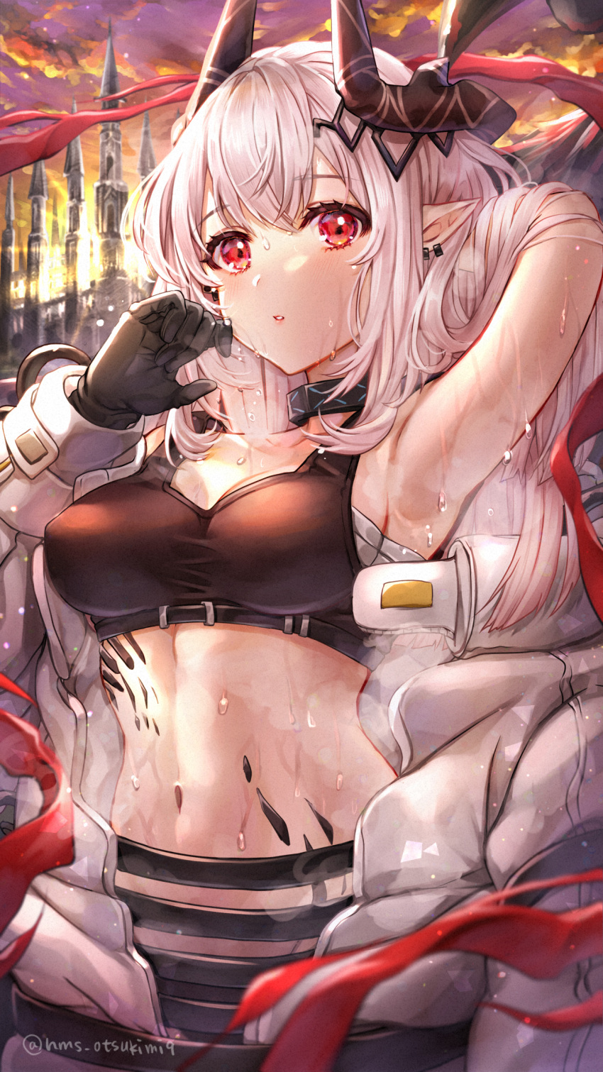 1girl arknights arm_up armpits bangs black_choker black_gloves breasts choker commentary_request crop_top gloves hand_up highres horns long_hair long_sleeves looking_at_viewer medium_breasts midriff mudrock_(arknights) navel oripathy_lesion_(arknights) outdoors parted_lips pointy_ears red_eyes sarashi silver_hair solo sports_bra stomach sweat tamaso upper_body