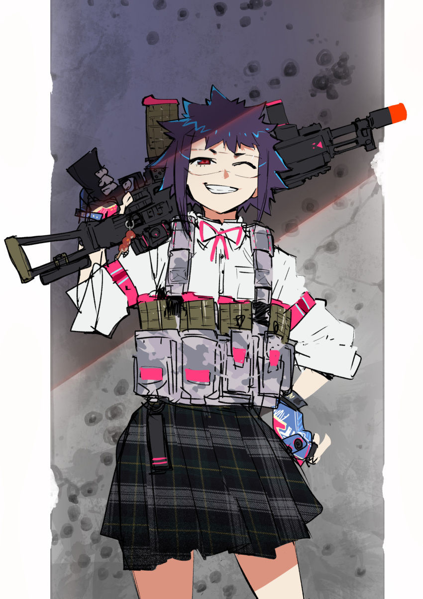 1girl black_skirt bulletproof_vest cowboy_shot fingerless_gloves gloves goggles grin gun highres holding holding_weapon looking_at_viewer one_eye_closed pleated_skirt pouch purple_hair red_eyes rifle ryota-h shirt short_hair sketch skirt smile solo toy_gun weapon white_shirt