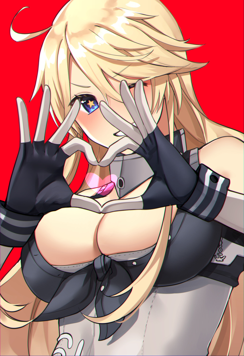 1girl blonde_hair blue_eyes blue_gloves breasts elbow_gloves fingerless_gloves front-tie_top gloves heart heart_hands highres iowa_(kancolle) kantai_collection katsuobushi_(eba_games) large_breasts one_eye_closed solo star-shaped_pupils star_(symbol) symbol-shaped_pupils upper_body white_gloves