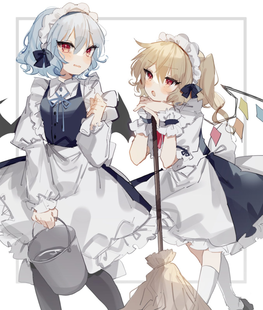 2girls alternate_costume apron arm_support bangs bat_wings black_legwear blonde_hair blue_bow blue_dress blue_hair blue_neckwear blue_ribbon blush border bow broom bucket bucket_of_water buttons collared_shirt dress dress_shirt dustcloth enmaided eyebrows_visible_through_hair flandre_scarlet hair_between_eyes hand_up head_rest highres holding holding_bucket juliet_sleeves kneehighs long_sleeves looking_at_another looking_at_viewer maid maid_apron maid_headdress multiple_girls neck_ribbon one_side_up open_mouth parted_lips planted puffy_short_sleeves puffy_sleeves red_eyes red_neckwear red_ribbon remilia_scarlet ribbon shirt short_hair short_sleeves siblings sisters sorani_(kaeru0768) touhou water white_background white_legwear white_shirt wing_collar wings wrist_cuffs