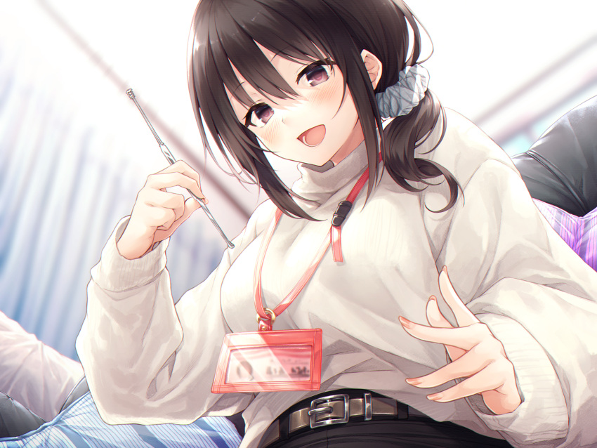 1girl :d bangs black_hair blush breasts brown_eyes commentary_request ear_cleaning eyebrows_visible_through_hair fingernails from_below hair_between_eyes hands hasumi_(hasubatake39) highres holding id_card indoors large_breasts long_hair looking_at_viewer mimikaki open_mouth original scrunchie smile solo sweater upper_body white_sweater