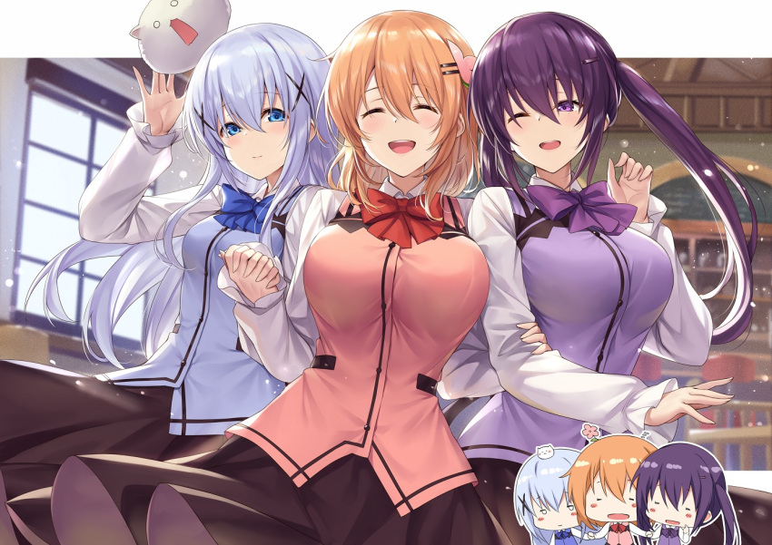 3girls bangs blue_eyes blue_hair blue_neckwear blue_vest blush bow bowtie breasts brown_skirt closed_eyes collared_shirt eyebrows_visible_through_hair gochuumon_wa_usagi_desu_ka? hair_ornament hairclip hand_up holding_another's_arm holding_hands hoto_cocoa indoors kafuu_chino ks_(xephyrks) large_breasts long_hair long_sleeves looking_at_viewer multiple_girls multiple_views one_eye_closed open_mouth orange_hair purple_hair purple_neckwear purple_vest rabbit red_neckwear red_vest shirt skirt small_breasts smile tedeza_rize tippy_(gochiusa) twintails vest violet_eyes