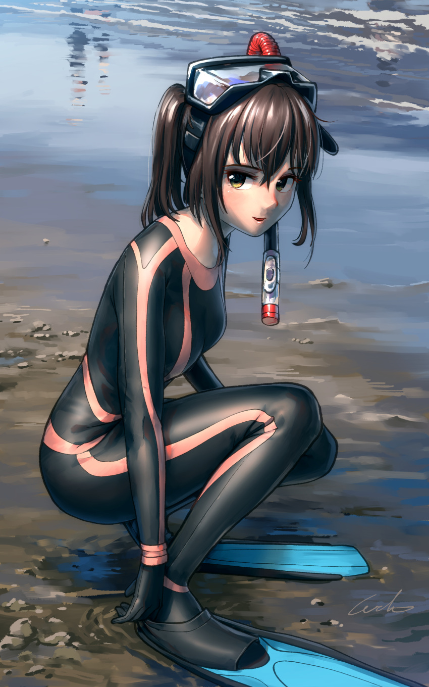 1girl absurdres beach black_bodysuit blush bodysuit brown_hair flippers goggles goggles_on_head highres kantai_collection looking_at_viewer medium_hair ocean open_mouth outdoors ponytail sand sendai_(kancolle) snorkel solo squatting welt_(kinsei_koutenkyoku) wetsuit yellow_eyes