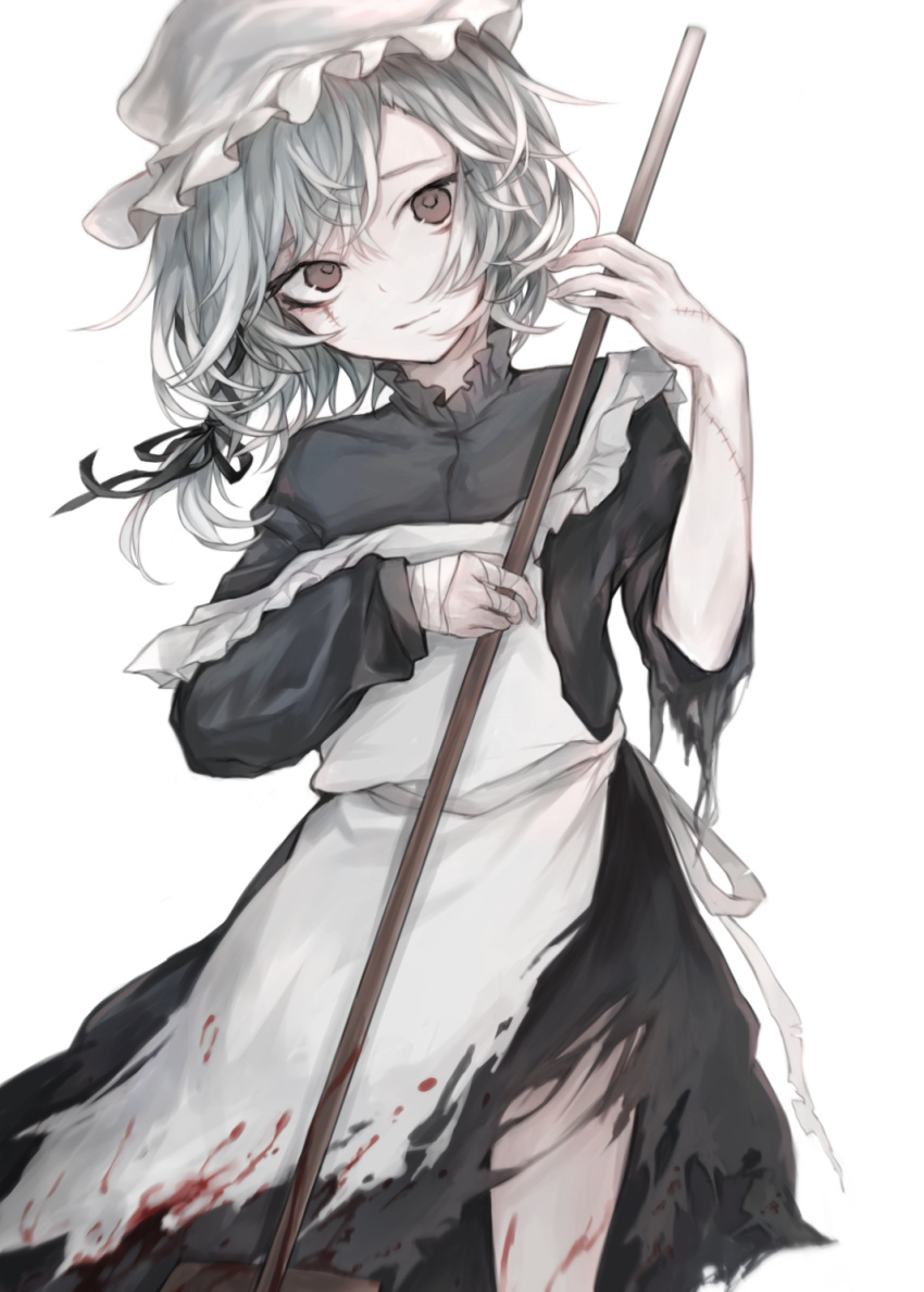 1girl apron asymmetrical_sleeves bandaged_hands bandages bangs black_dress black_ribbon blood blood_on_leg bloody_clothes commentary_request cowboy_shot dress grey_hair hair_ribbon hasunokaeru hat highres holding long_hair long_sleeves looking_at_viewer maid maid_apron mob_cap original red_eyes ribbon solo standing stitches strap_slip torn_clothes white_apron white_background white_headwear zombie