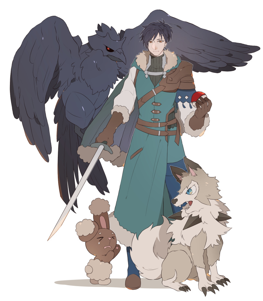 1boy bird black_hair buneary capelet corviknight crossover crying dog felix_hugo_fraldarius fire_emblem fire_emblem:_three_houses full_body fur-trimmed_capelet fur-trimmed_gloves fur_trim gen_4_pokemon gen_7_pokemon gen_8_pokemon gloves highres holding holding_poke_ball long_coat lycanroc lycanroc_(midday) male_focus namahamu_(hmhm_81) older poke_ball pokemon pokemon_(creature) ponytail rabbit standing sword weapon wolf yellow_eyes