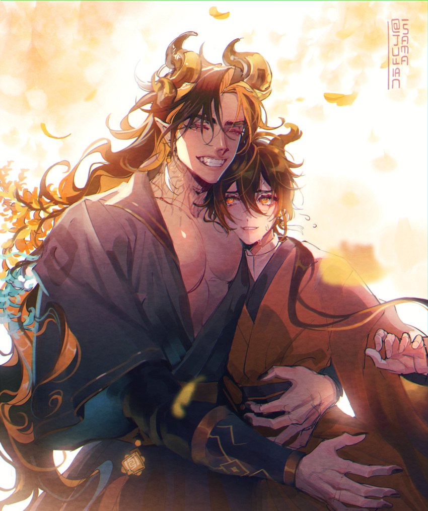 2boys absurdres arms_around_waist bangs black_nails brown_hair chinese_clothes closed_eyes dragon_boy dragon_horns earrings english_commentary eyeliner eyeshadow fingernails genshin_impact ginkgo_leaf gradient_hair grin hair_between_eyes hanfu highres horns hug jewelry jullian_sama long_hair looking_at_another makeup male_focus multicolored_hair multiple_boys nail_polish open_mouth orange_hair pectorals pointy_ears ponytail red_eyeshadow sharp_fingernails single_earring smile sweat symbol_commentary tassel tassel_earrings vision_(genshin_impact) wide_sleeves yellow_eyes zhongli_(genshin_impact)