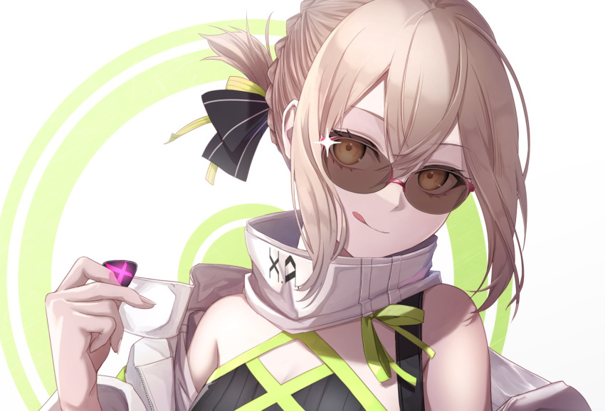 1girl ahoge artoria_pendragon_(all) bangs bare_shoulders black_shirt blonde_hair blush braid breasts fate/grand_order fate_(series) french_braid glasses glint hair_between_eyes hair_bun ironatsuki jacket licking_lips long_hair long_sleeves looking_at_viewer medium_breasts mysterious_idol_x_(alter)_(fate) off_shoulder plectrum shirt sidelocks smile sunglasses tongue tongue_out white_jacket yellow_eyes