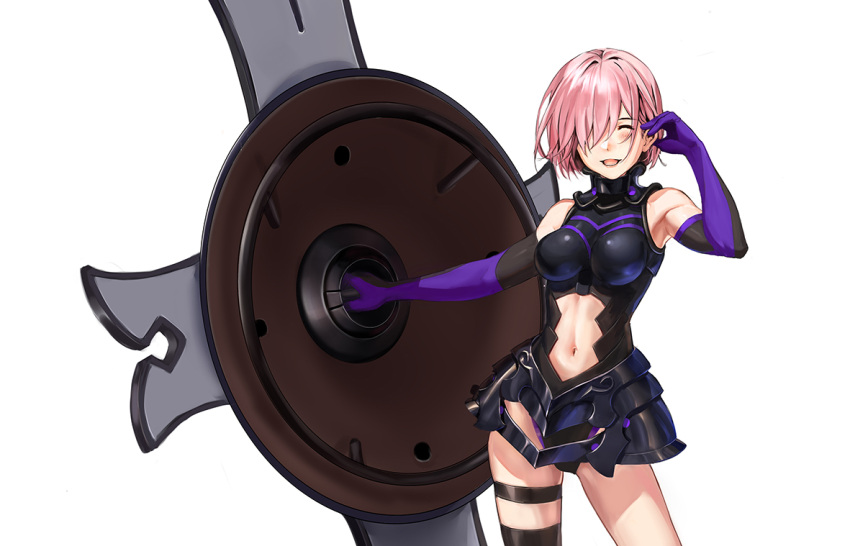 1girl armor armored_dress asagami_(hnt16303310) bangs closed_eyes elbow_gloves fate/grand_order fate_(series) gloves hair_over_one_eye holding holding_shield holding_weapon leg_belt mash_kyrielight open_mouth purple_hair shield short_hair simple_background smile solo standing stomach weapon white_background