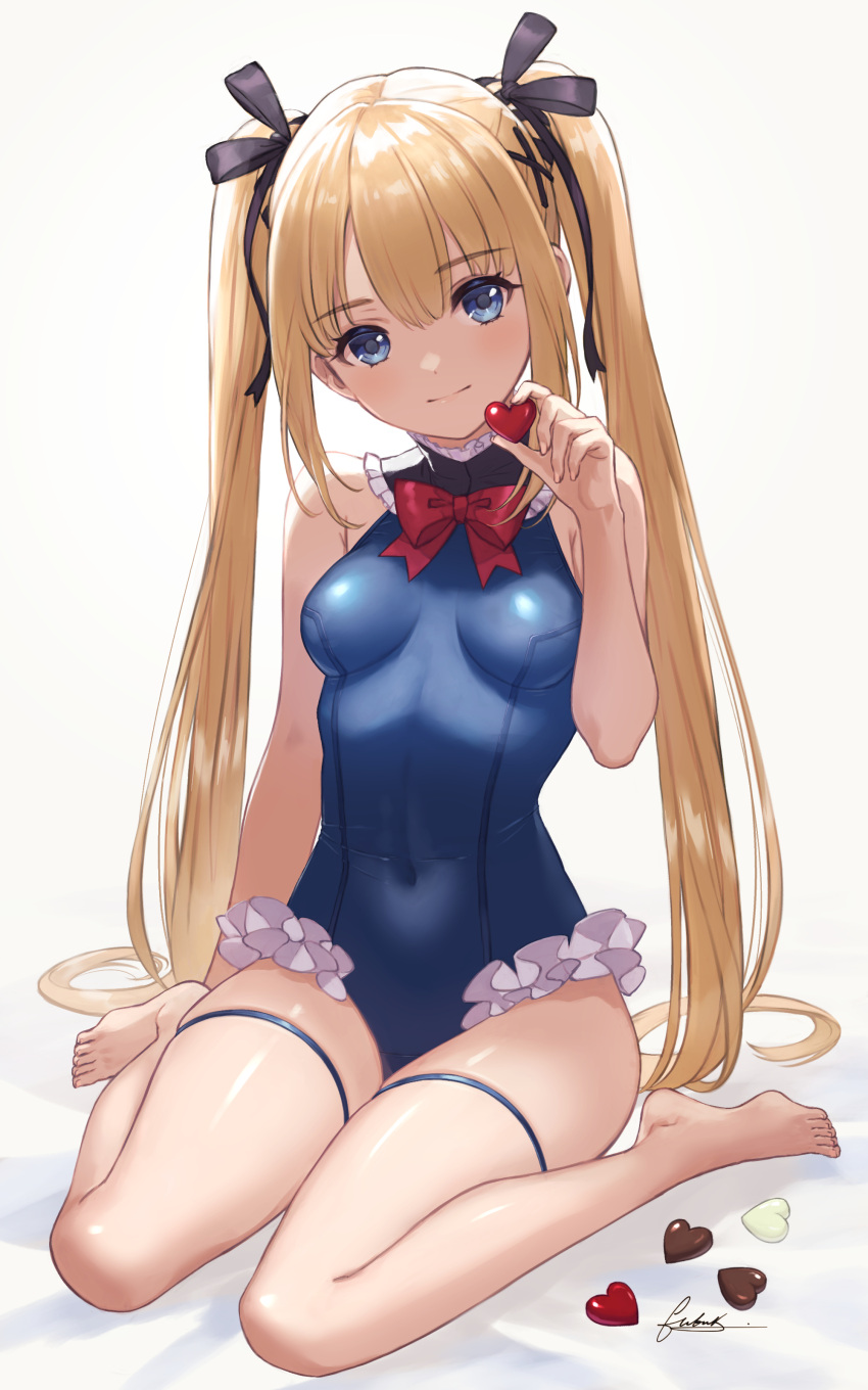1girl absurdres armpit_crease azur_lane bangs bare_arms bare_legs bare_shoulders barefoot black_ribbon blonde_hair blue_eyes blush bow bowtie breasts casual_one-piece_swimsuit closed_mouth covered_navel dead_or_alive eyebrows_visible_through_hair frilled_swimsuit frills fubuki_(fakemonkey0224) full_body hair_between_eyes hair_ornament heart highres holding holding_heart long_hair looking_at_viewer marie_rose one-piece_swimsuit red_bow red_neckwear ribbon signature simple_background sitting skindentation small_breasts smile solo swimsuit thigh_strap thighs twintails very_long_hair wariza white_background x_hair_ornament