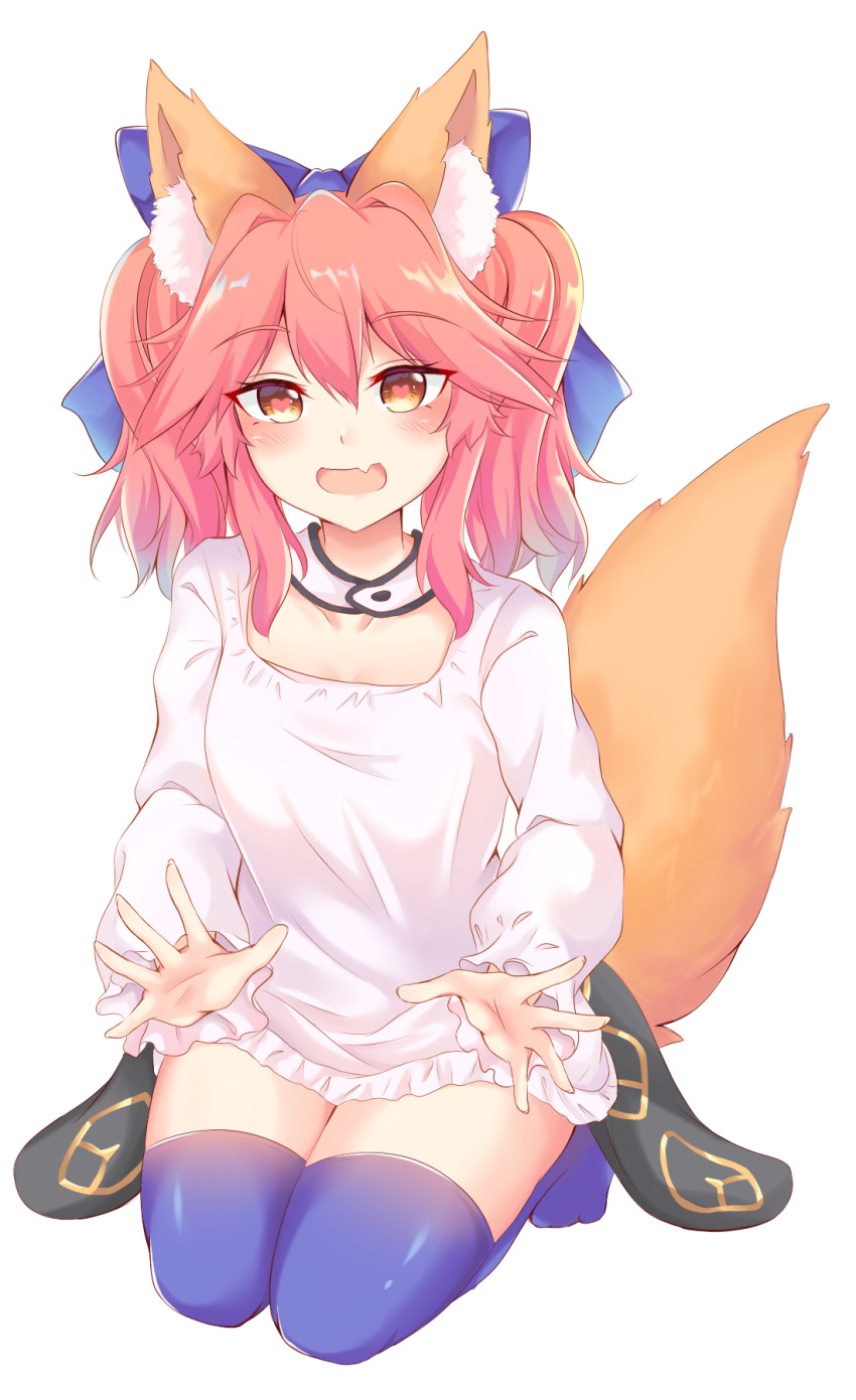 1girl animal_ear_fluff animal_ears blue_bow blue_legwear bow buwad fate/grand_order fate_(series) flat_chest fox_ears fox_girl fox_tail hair_bow heart heart-shaped_pupils highres long_sleeves pink_hair seiza shirt sidelocks sitting solo symbol-shaped_pupils tail tamamo_(fate)_(all) tamamo_no_mae_(fate) thigh-highs twintails white_shirt yellow_eyes younger