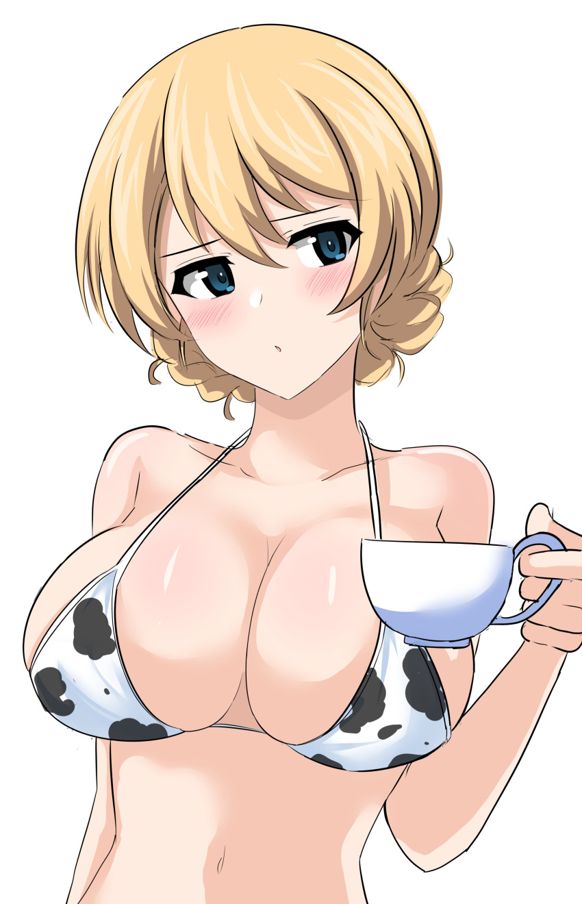 1girl absurdres aikir_(jml5160) animal_print bare_shoulders bikini bikini_top blonde_hair blue_eyes blush braid breasts cow_print cup darjeeling_(girls_und_panzer) french_braid girls_und_panzer highres holding holding_cup large_breasts looking_to_the_side navel solo swimsuit teacup