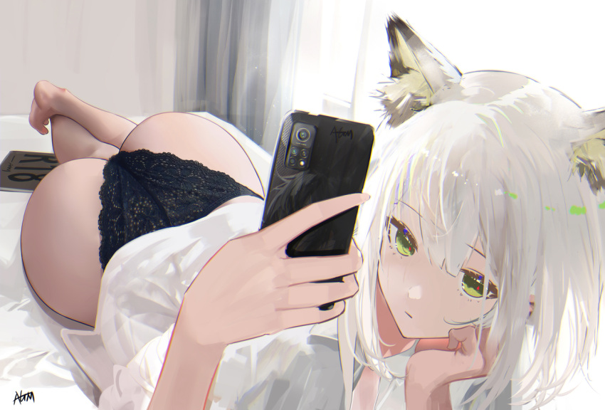 1girl animal_ear_fluff arknights ass bangs barefoot black_panties cellphone commentary_request eyebrows_visible_through_hair green_eyes hand_on_own_cheek hand_on_own_face hands_up head_rest holding holding_phone kal'tsit_(arknights) looking_at_viewer lying lynx_ears omone_hokoma_agm on_bed on_stomach panties phone shirt short_hair smartphone solo underwear white_hair white_shirt