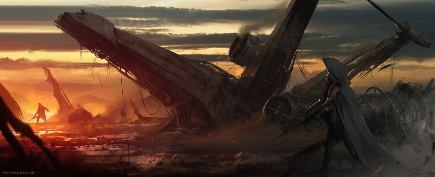 3others cloak corpse darek_zabrocki english_commentary gun highres holding holding_gun holding_weapon multiple_others rebel_pilot science_fiction space_craft star_wars starfighter t-65_x-wing vehicle_focus weapon wreckage x-wing