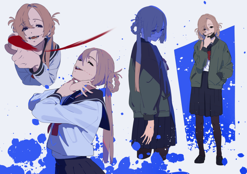 braid coat empty_eyes flower hand_in_pocket kamo_kamen looking_at_viewer mask mouth_mask pointing scar scar_on_face school_uniform shadow smile solo standing stitched_face urasekai_picnic urumi_luna